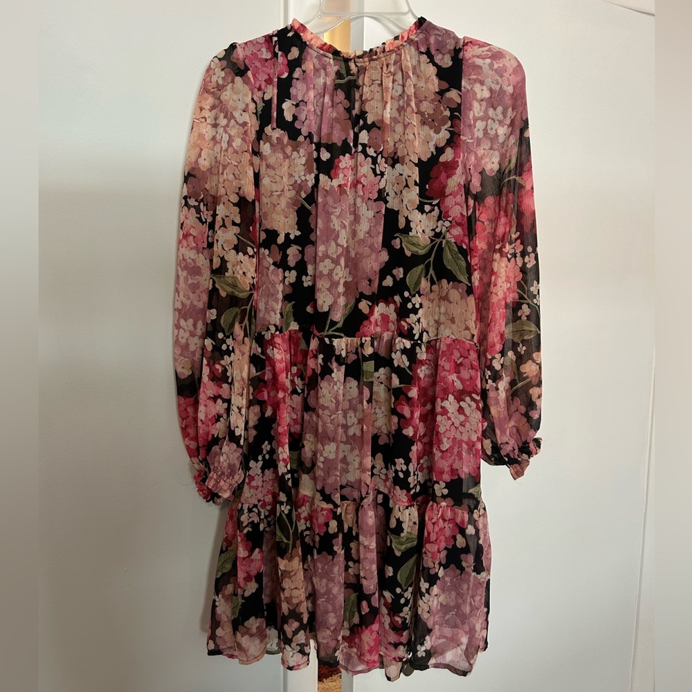 H&M Floral Creped Chiffon Long Sleeve Mini Dress - Pink Floral